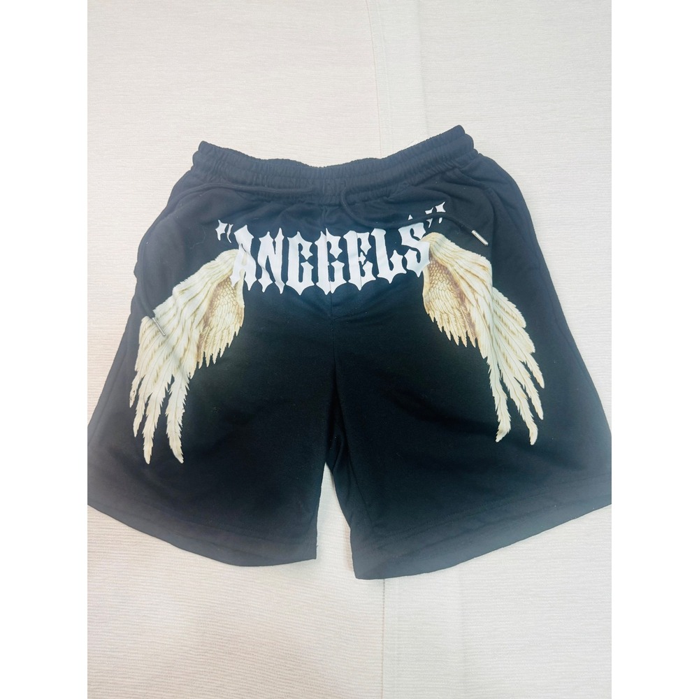 SHEIN Mens Black Angels Wing Graphic Drawstring Athletic Shorts Small